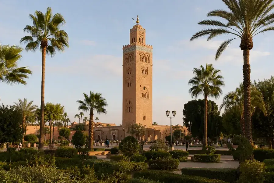 Koutoubia Mosque minaret rising above Marrakech
