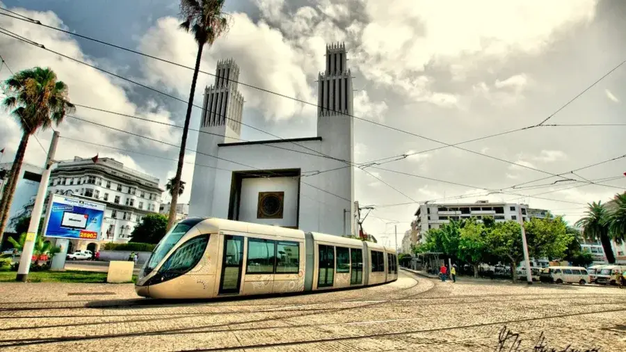 Modern Rabat Sale tram passing through the city center
