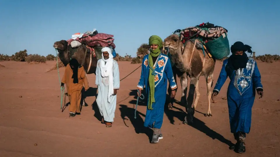 Equipo de la caravana junto a camellos de carga