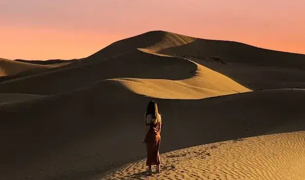 夕方の光に包まれた砂丘を歩く人