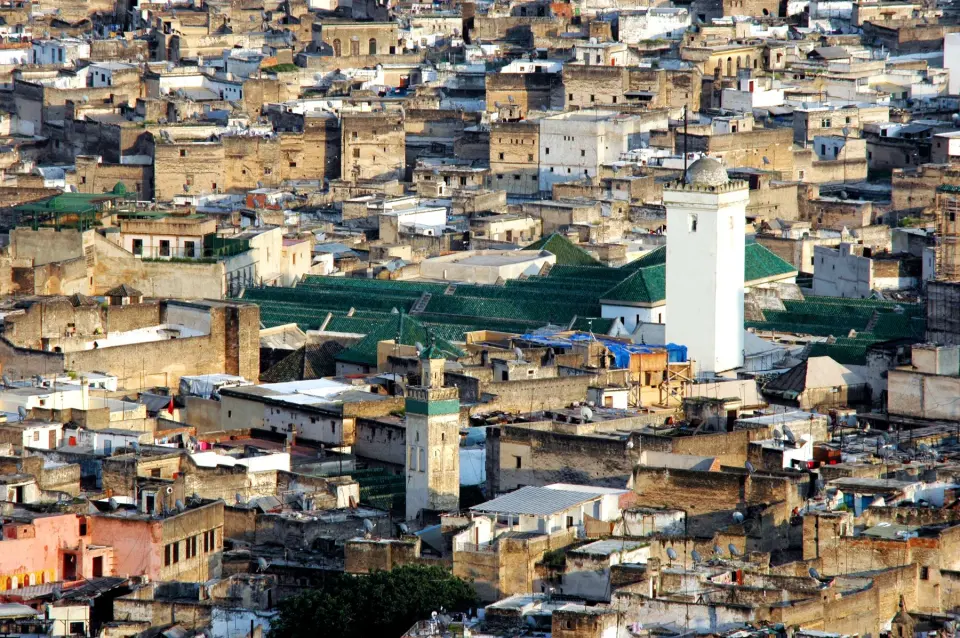 Aerial view across the historic medina of Fes, Morocco