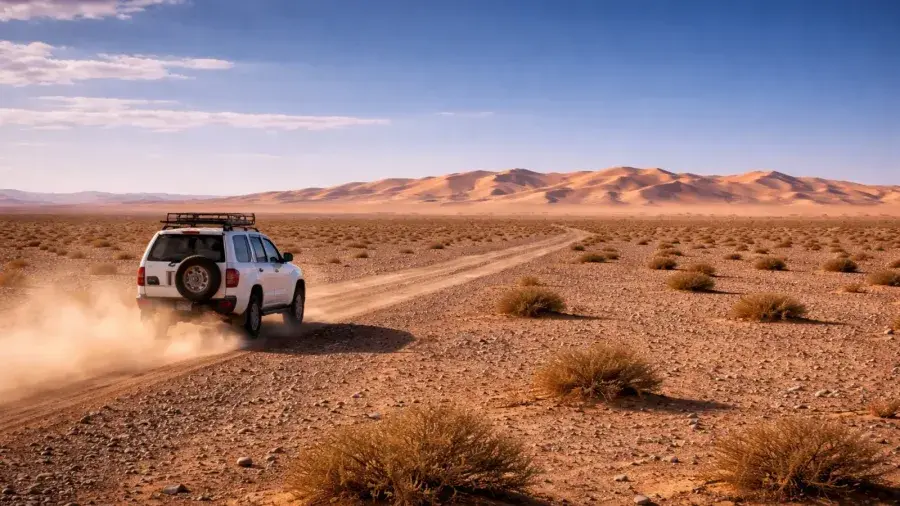 Four-wheel-drive expedition crossing the hamada toward Erg Chigaga