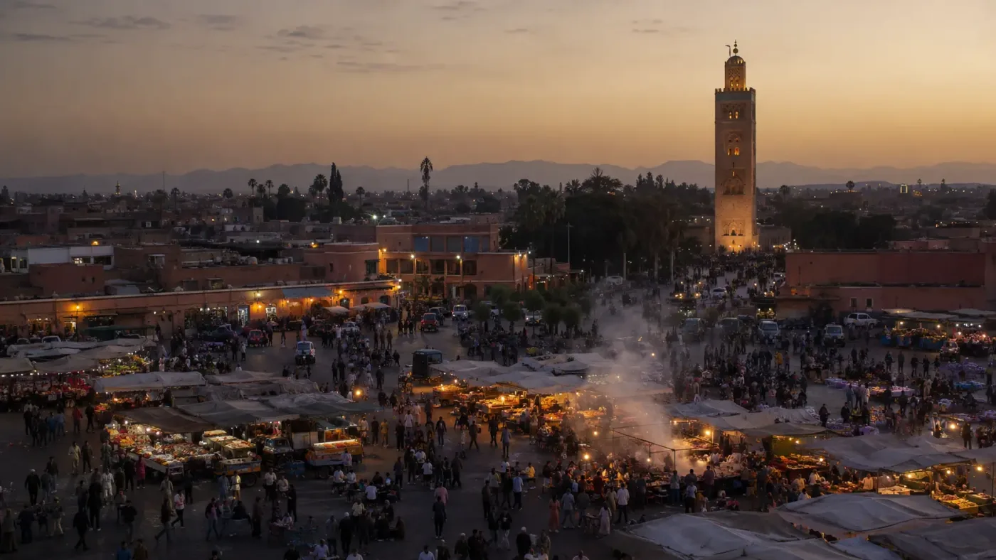 Marrakech cityscape at sunset during the mild spring season