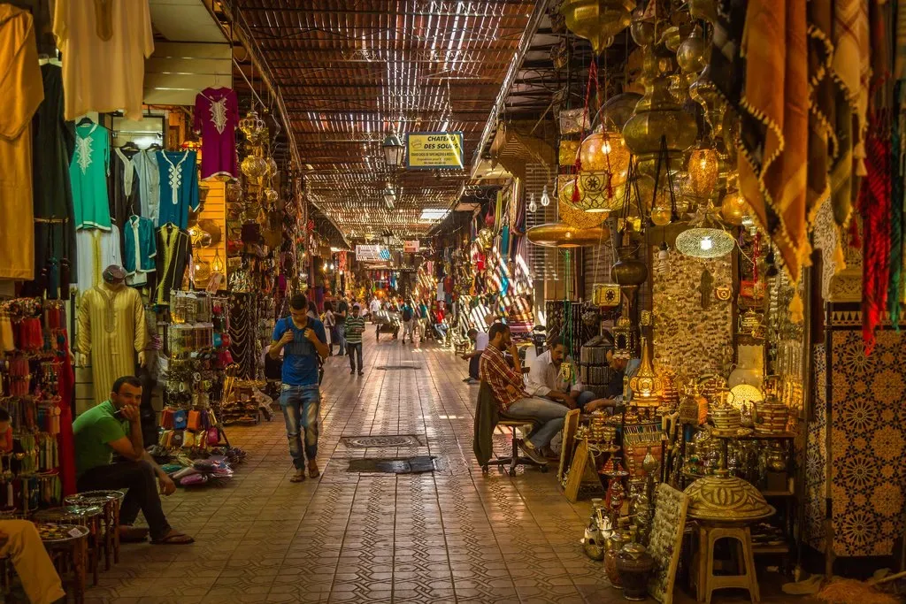 Traditional Marrakech souk filled with Moroccan lanterns and market stalls