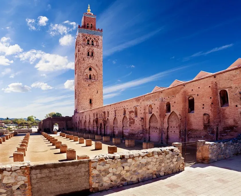 Koutoubia Mosque and minaret in Marrakech under a clear blue sky