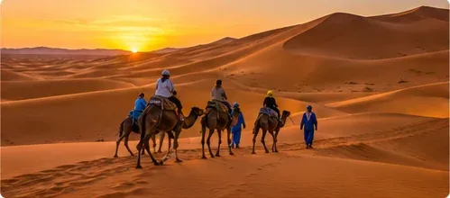 Camel caravan crossing the Erg Chebbi dunes at sunset in the Moroccan Sahara