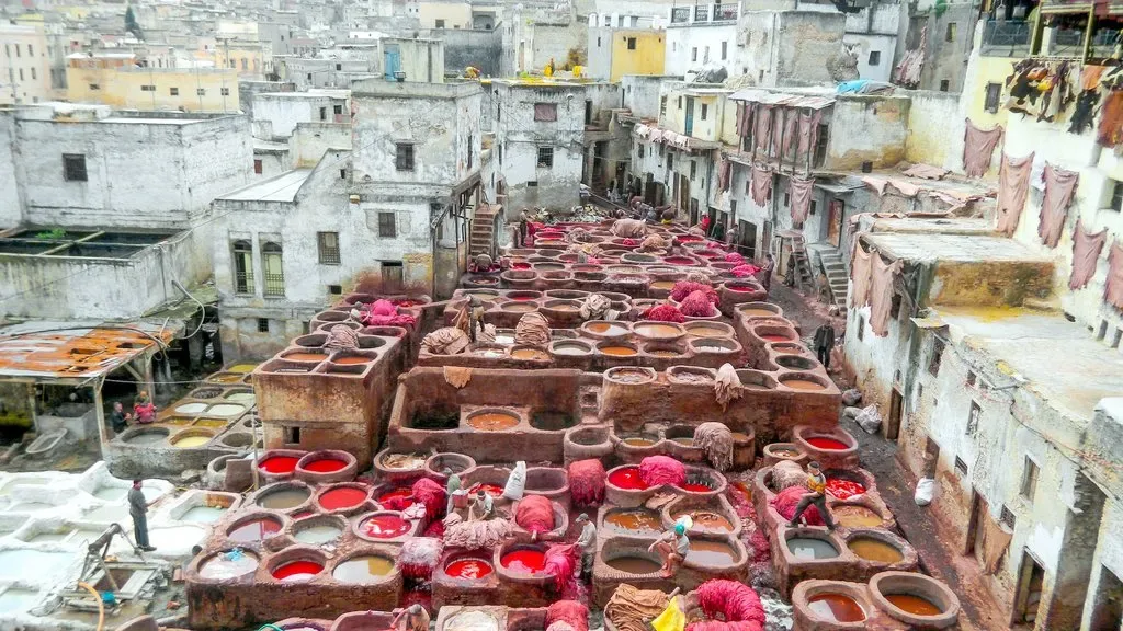 Traditional leather tanneries in Fes during a cultural visit on an October Morocco itinerary