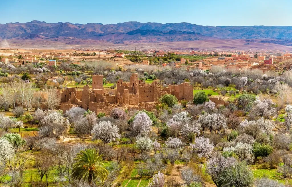 Kasbah de tierra y oasis del sur de Marruecos junto a las estribaciones del Atlas