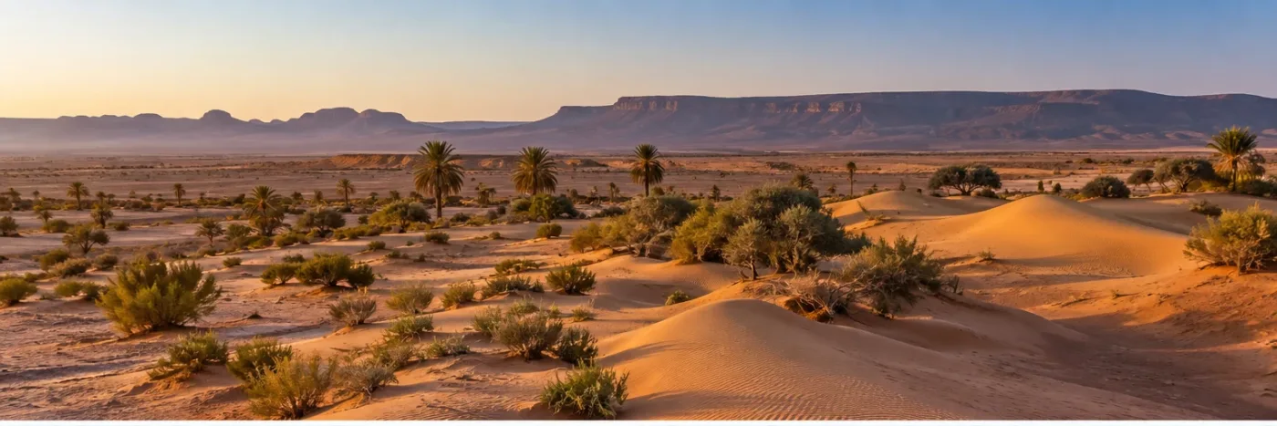 Paysage désertique de M’Hamid avec grands espaces sahariens