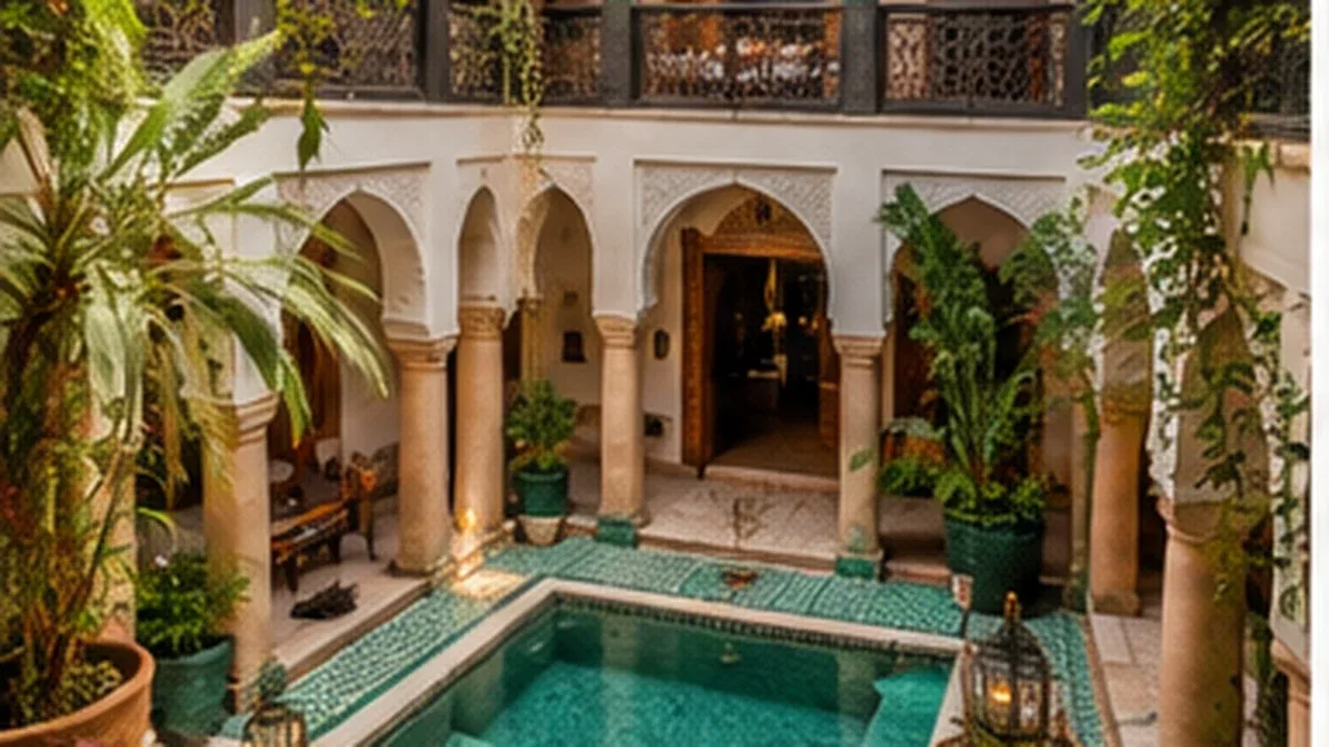 Patio traditionnel de riad dans la médina de Marrakech avec arches marocaines et bassin central