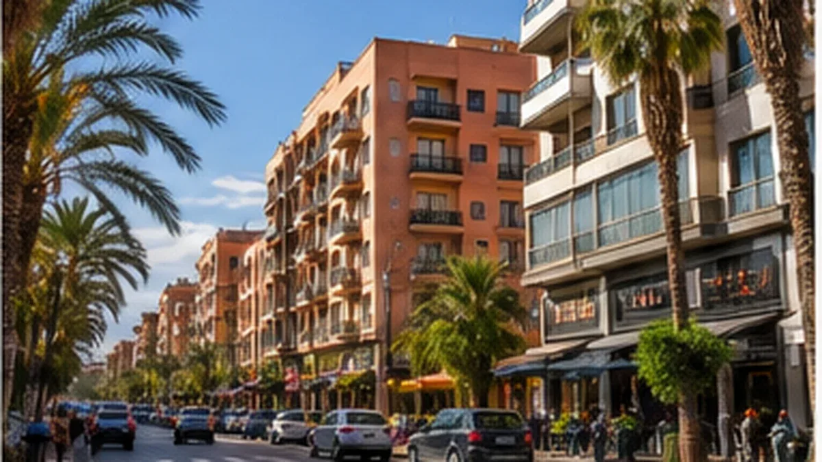 Avenue moderne de Guéliz à Marrakech avec immeubles contemporains, palmiers et vie urbaine