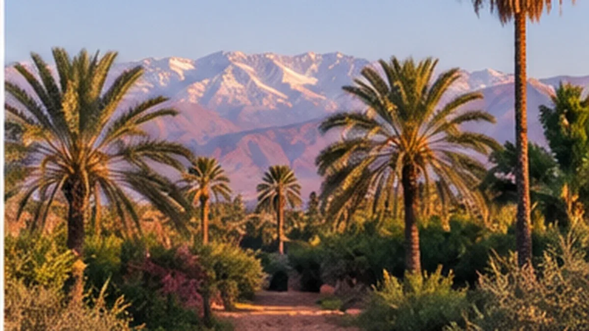 Paysage de palmeraie à Marrakech avec palmiers et montagnes de l’Atlas au loin