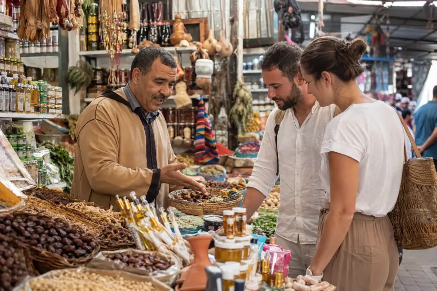 Travelers tasting dates and argan products with a vendor at Souk El Had