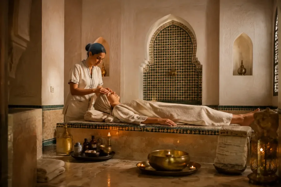 Traditional Moroccan hammam treatment in a warm tiled spa in Agadir
