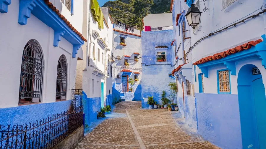 Blue walls, doors and cobbled steps in Chefchaouen Medina