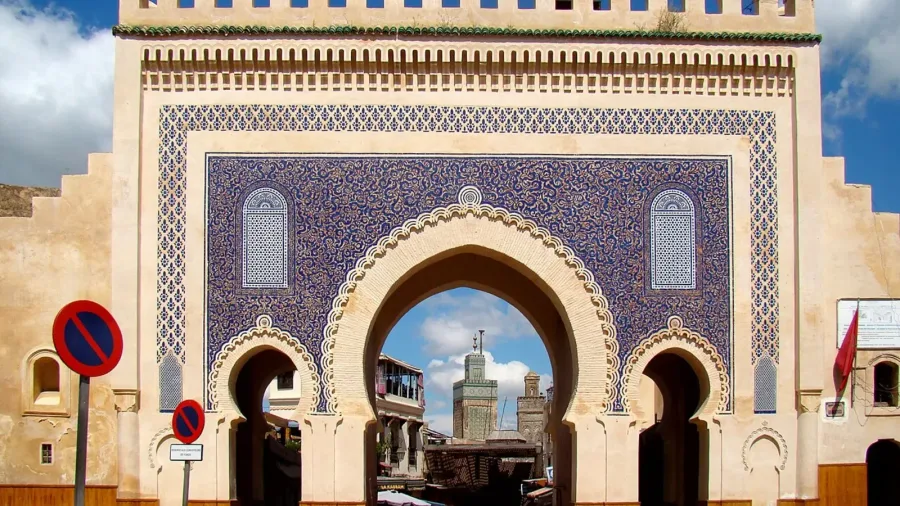 Blue tiled arches of Bab Bou Jeloud at the entrance to Fes Medina