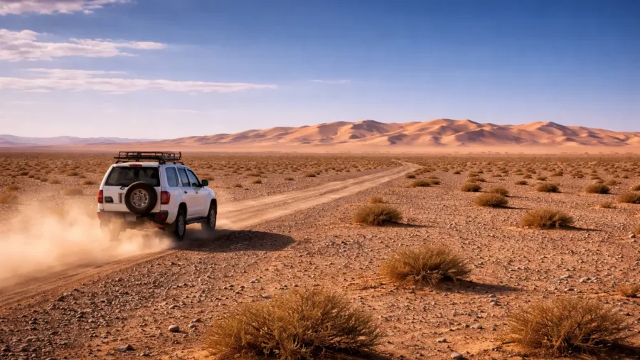Four-wheel-drive expedition crossing the hamada toward Erg Chigaga