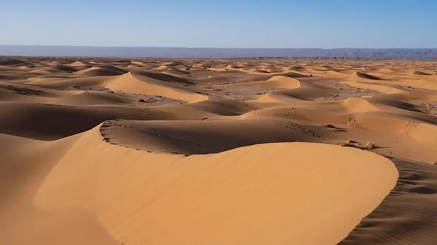 Immense wind-shaped dunes of Erg Chigaga at sunset