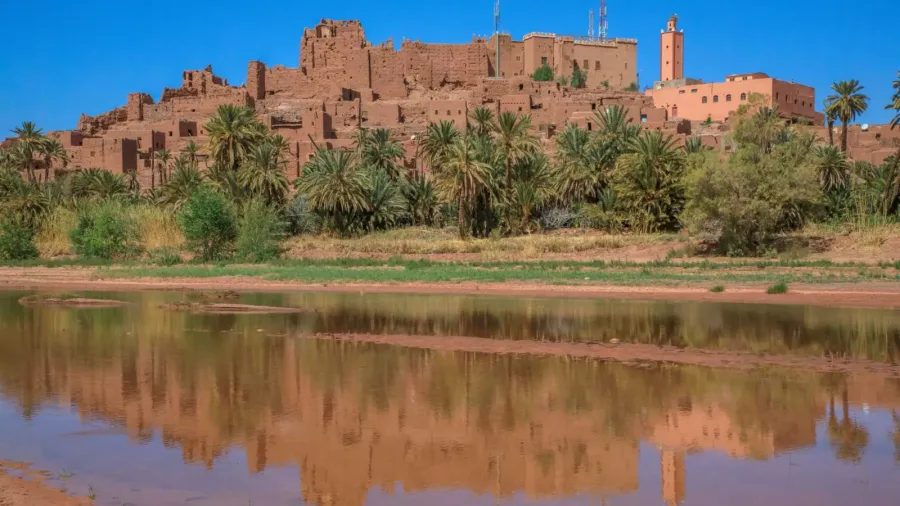 Kasbah Tifoultout above a palm-lined valley near Ouarzazate