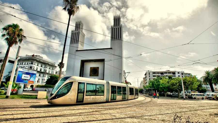 Modern Rabat Sale tram passing through the city center