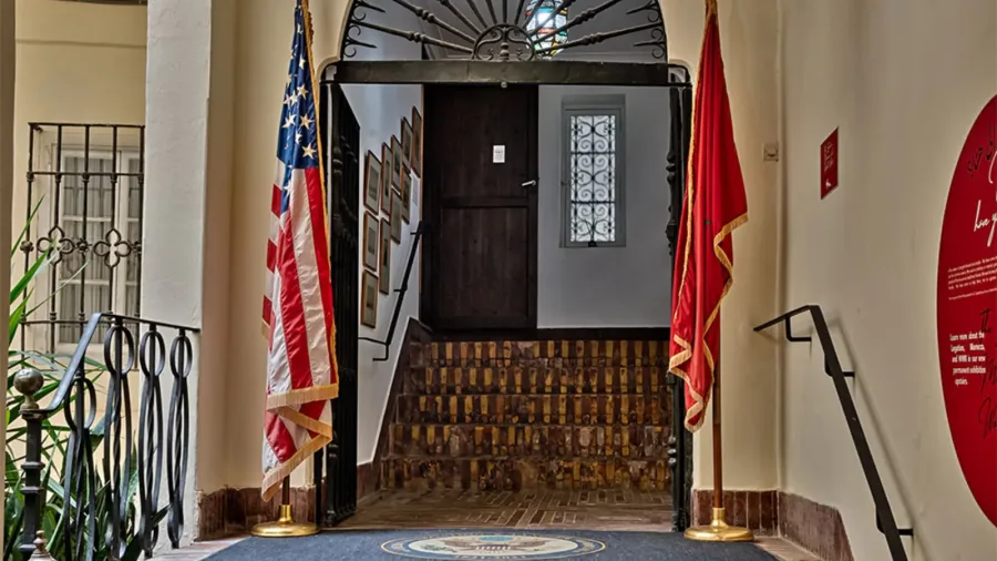 Moroccan and American flags at the entrance to Tangier American Legation