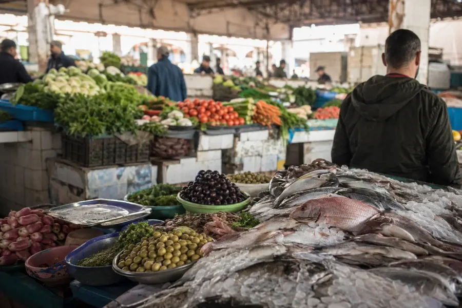 Poissons frais, olives et légumes au Marché central de Casablanca