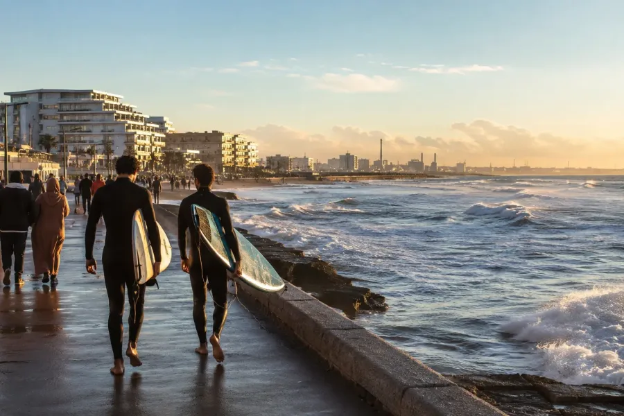Voyageurs profitant du littoral et du coucher de soleil à Aïn Diab Casablanca