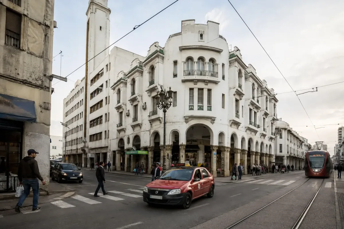 Immeubles Art déco historiques et vie de rue dans le centre de Casablanca